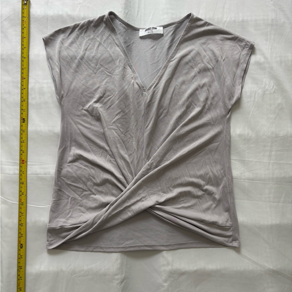 Double Zero Twist-Front V-Neck Short Sleeve Top in Light Taupe